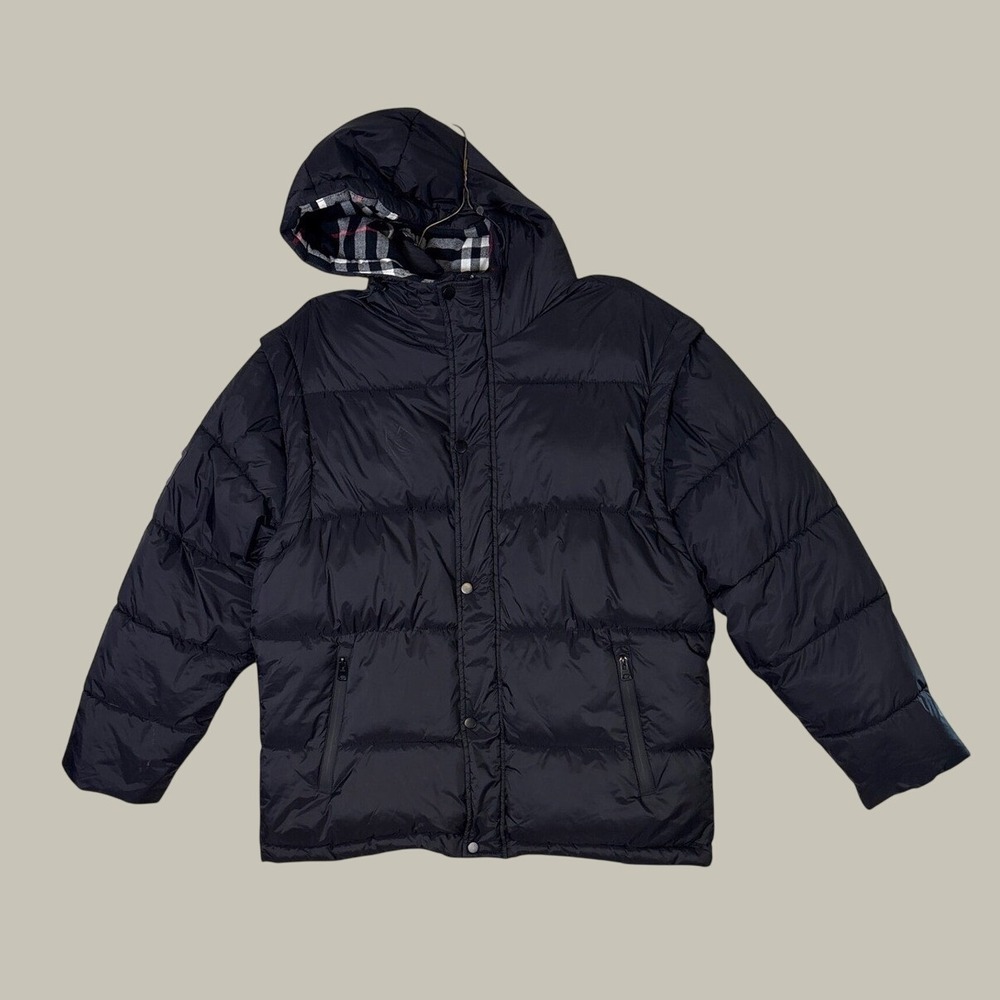 Burberry London Women's 2-in-1 Puffer Jacket Vest Navy Blue Nova Check Hood 3XL